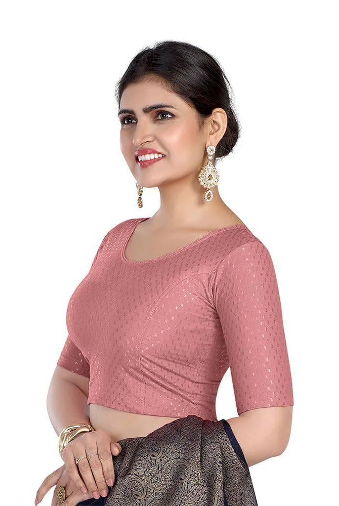 FINESTFIT Round Neck 100% Cotton Dobby Fabric Stretchable Elbow Sleeve Readymade Saree Blouse for Women.4096