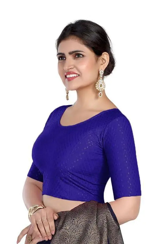 FINESTFIT Round Neck 100% Cotton Dobby Fabric Stretchable Elbow Sleeve Readymade Saree Blouse for Women.4096