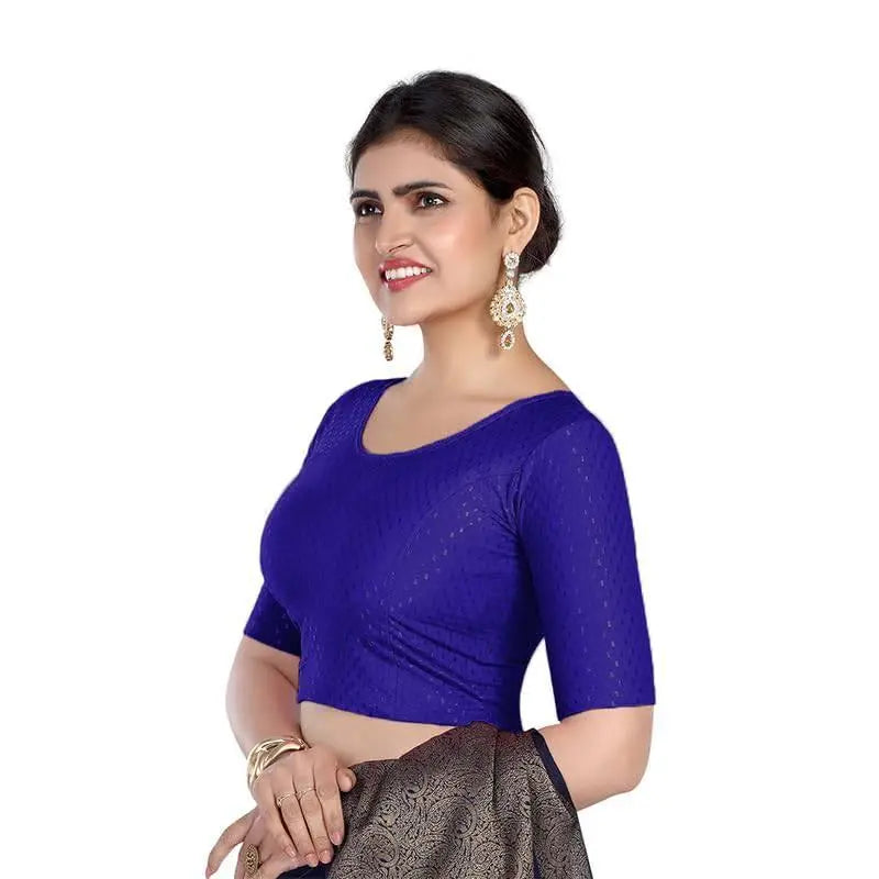 FINESTFIT Round Neck 100% Cotton Dobby Fabric Stretchable Elbow Sleeve Readymade Saree Blouse for Women.4096