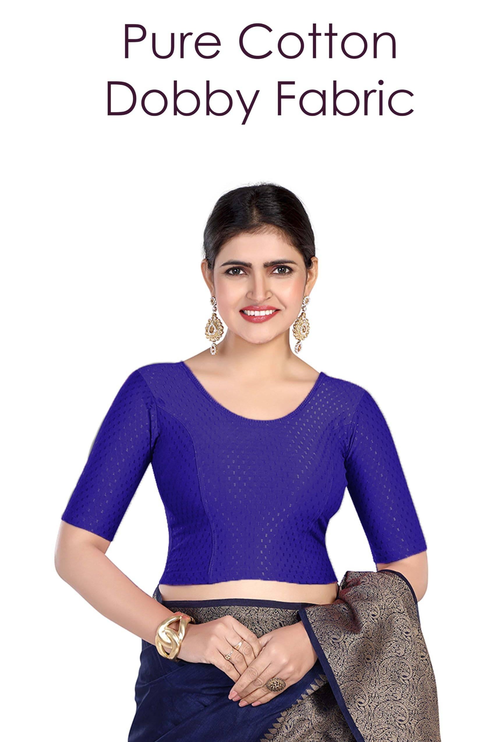 FINESTFIT Round Neck 100% Cotton Dobby Fabric Stretchable Elbow Sleeve Readymade Saree Blouse for Women.4096