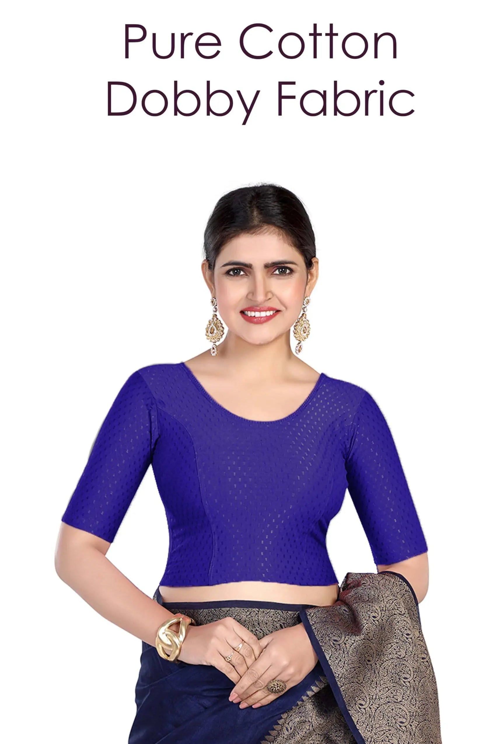 FINESTFIT Round Neck 100% Cotton Dobby Fabric Stretchable Elbow Sleeve Readymade Saree Blouse for Women.4096