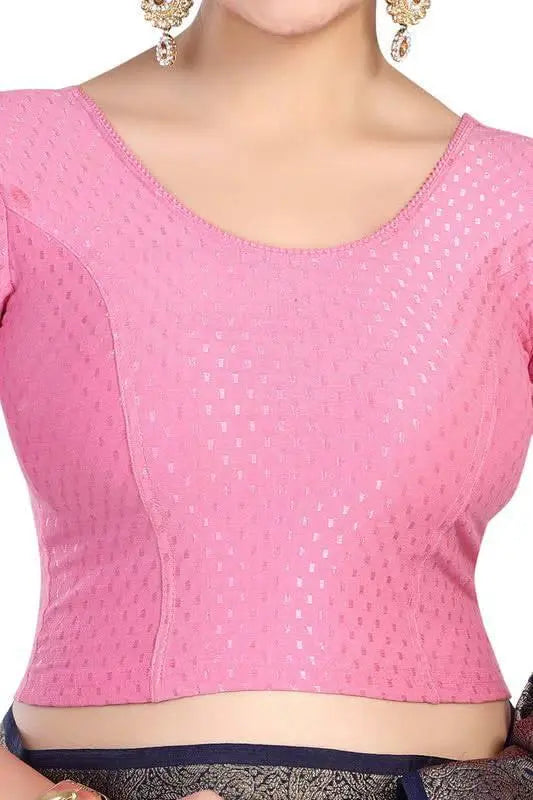 FINESTFIT Round Neck 100% Cotton Dobby Fabric Stretchable Elbow Sleeve Readymade Saree Blouse for Women.4096