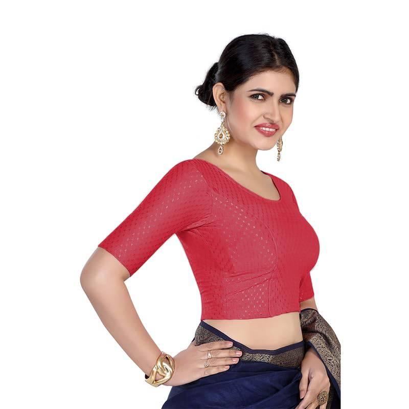 FINESTFIT Round Neck 100% Cotton Dobby Fabric Stretchable Elbow Sleeve Readymade Saree Blouse for Women.4096