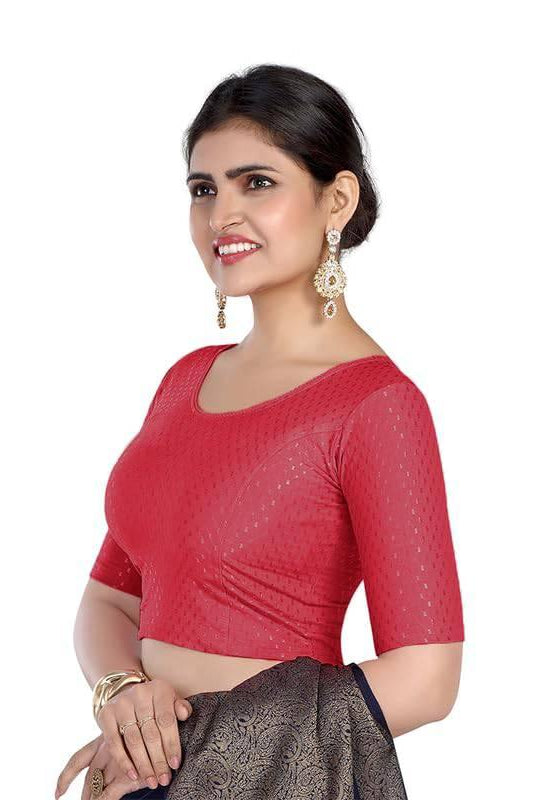 FINESTFIT Round Neck 100% Cotton Dobby Fabric Stretchable Elbow Sleeve Readymade Saree Blouse for Women.4096