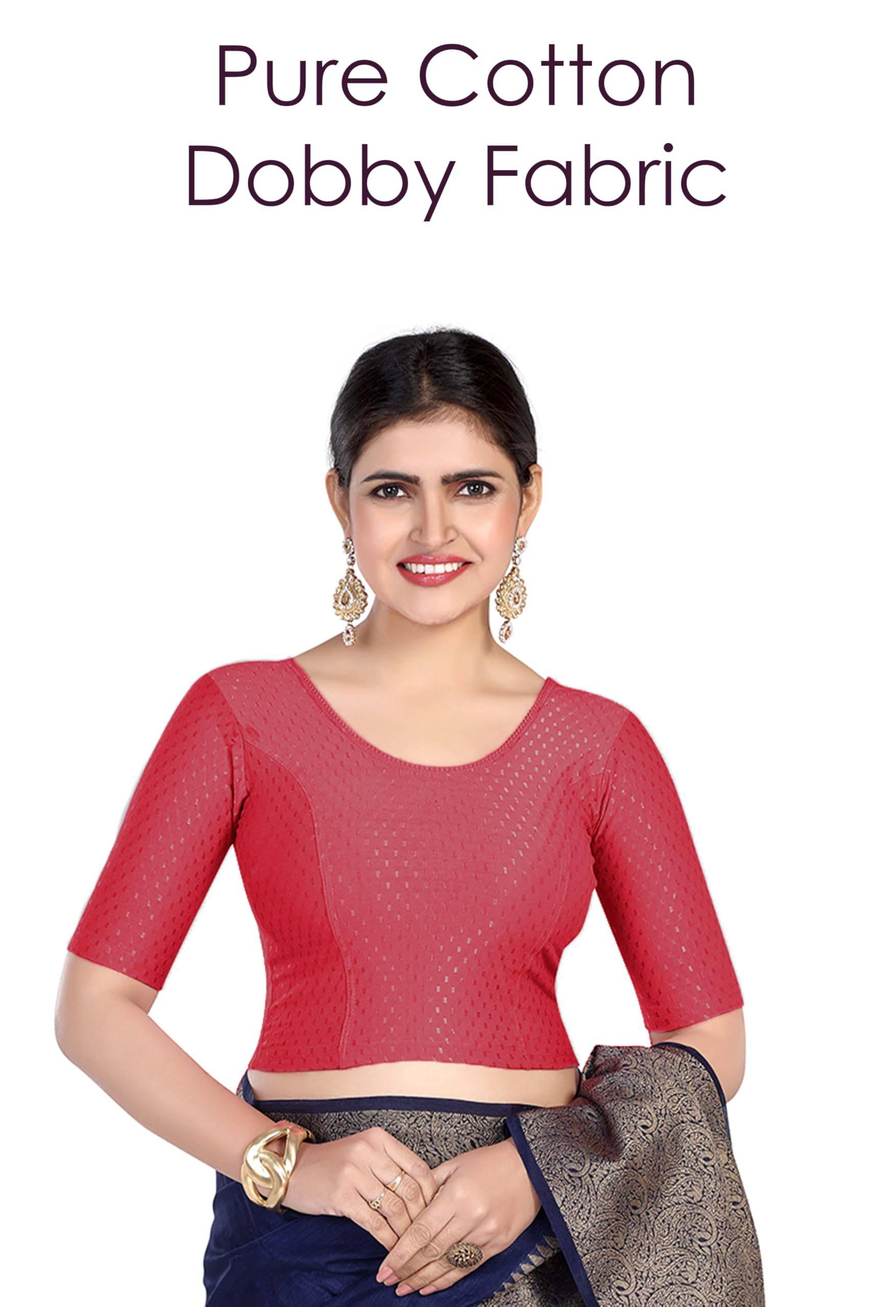 FINESTFIT Round Neck 100% Cotton Dobby Fabric Stretchable Elbow Sleeve Readymade Saree Blouse for Women.4096
