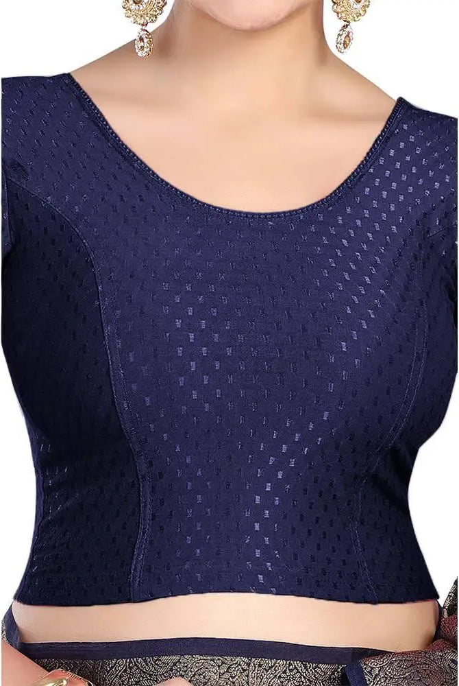 FINESTFIT Round Neck 100% Cotton Dobby Fabric Stretchable Elbow Sleeve Readymade Saree Blouse for Women.4096