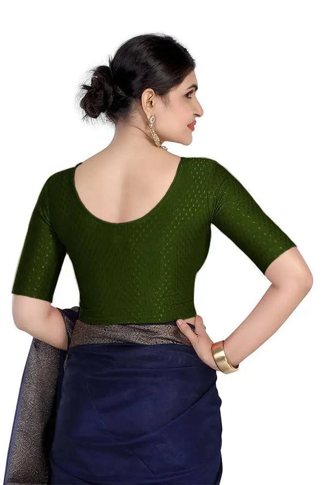 FINESTFIT Round Neck 100% Cotton Dobby Fabric Stretchable Elbow Sleeve Readymade Saree Blouse for Women.4096