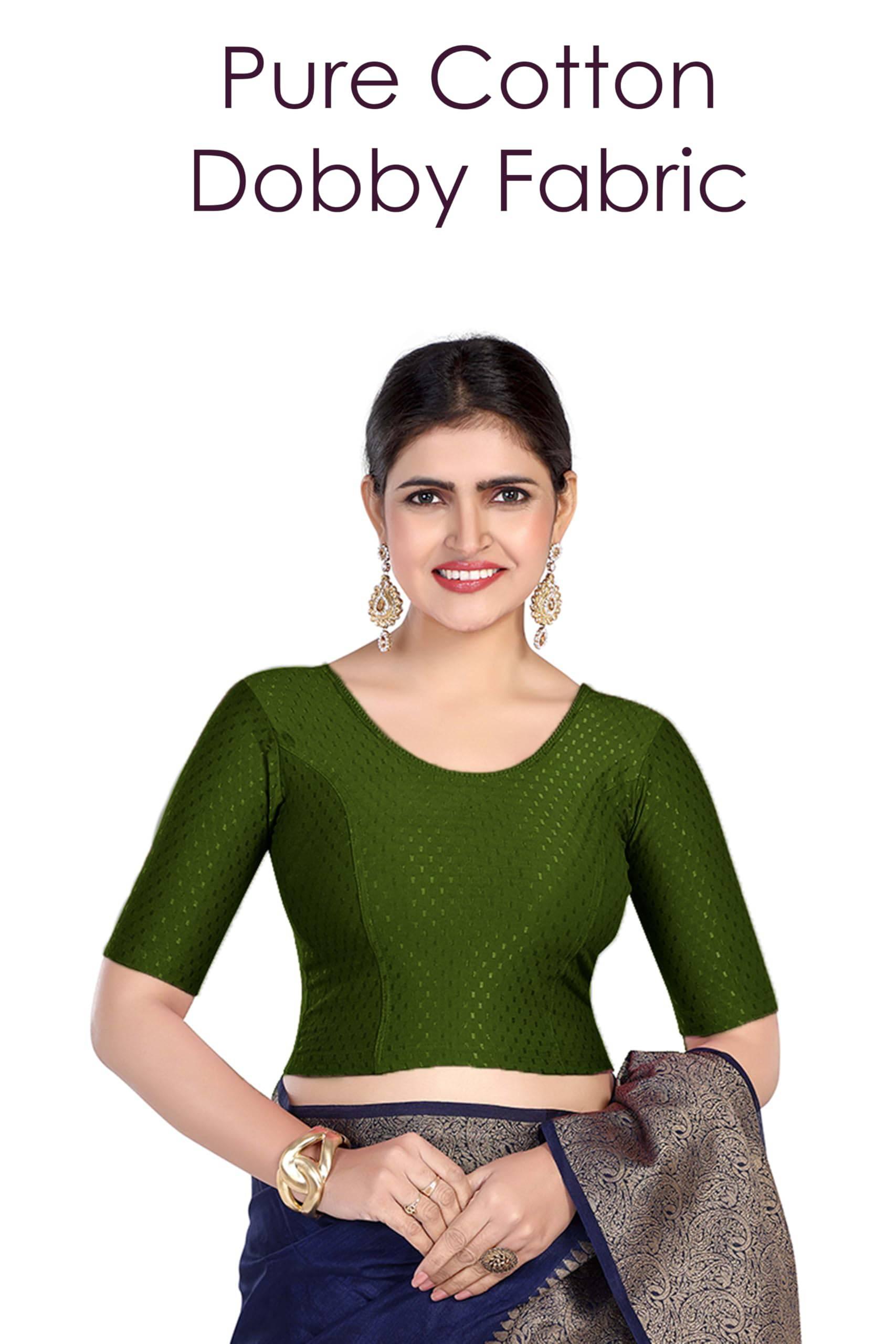FINESTFIT Round Neck 100% Cotton Dobby Fabric Stretchable Elbow Sleeve Readymade Saree Blouse for Women.4096