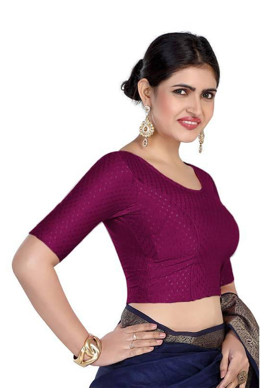 FINESTFIT Round Neck 100% Cotton Dobby Fabric Stretchable Elbow Sleeve Readymade Saree Blouse for Women.4096