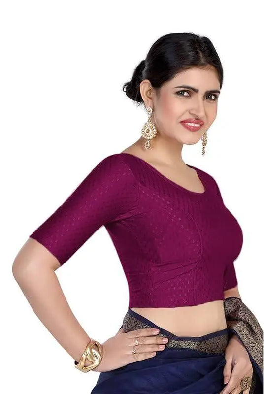 FINESTFIT Round Neck 100% Cotton Dobby Fabric Stretchable Elbow Sleeve Readymade Saree Blouse for Women.4096