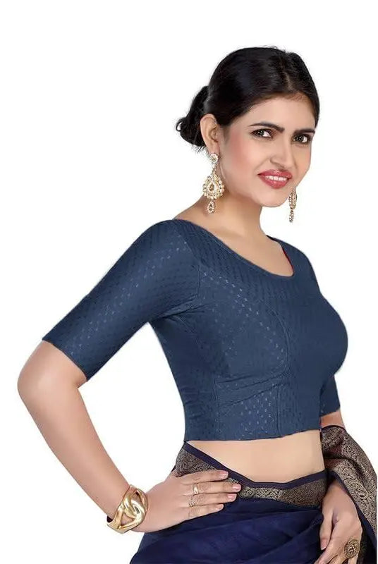 FINESTFIT Round Neck 100% Cotton Dobby Fabric Stretchable Elbow Sleeve Readymade Saree Blouse for Women.4096
