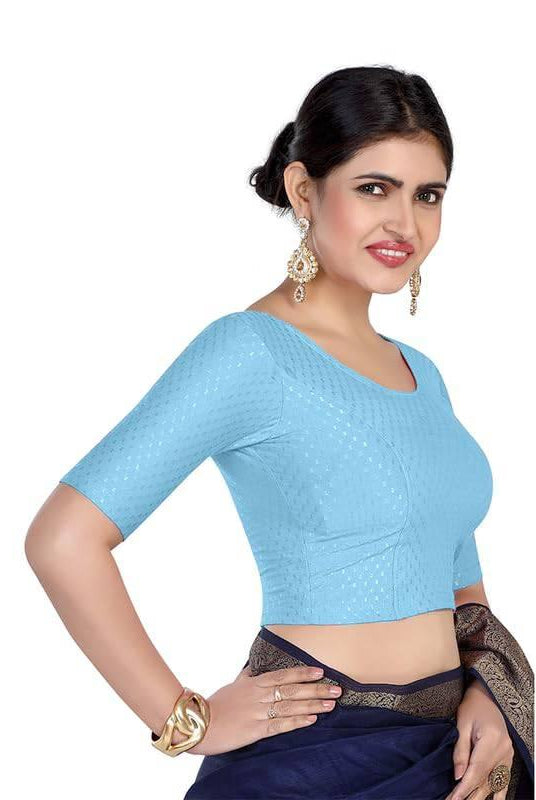 FINESTFIT Round Neck 100% Cotton Dobby Fabric Stretchable Elbow Sleeve Readymade Saree Blouse for Women.4096