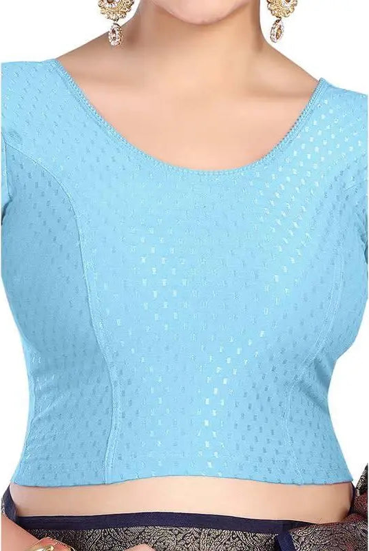 FINESTFIT Round Neck 100% Cotton Dobby Fabric Stretchable Elbow Sleeve Readymade Saree Blouse for Women.4096