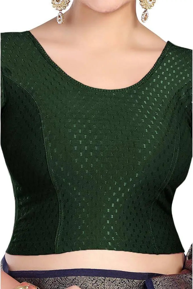 FINESTFIT Round Neck 100% Cotton Dobby Fabric Stretchable Elbow Sleeve Readymade Saree Blouse for Women.4096