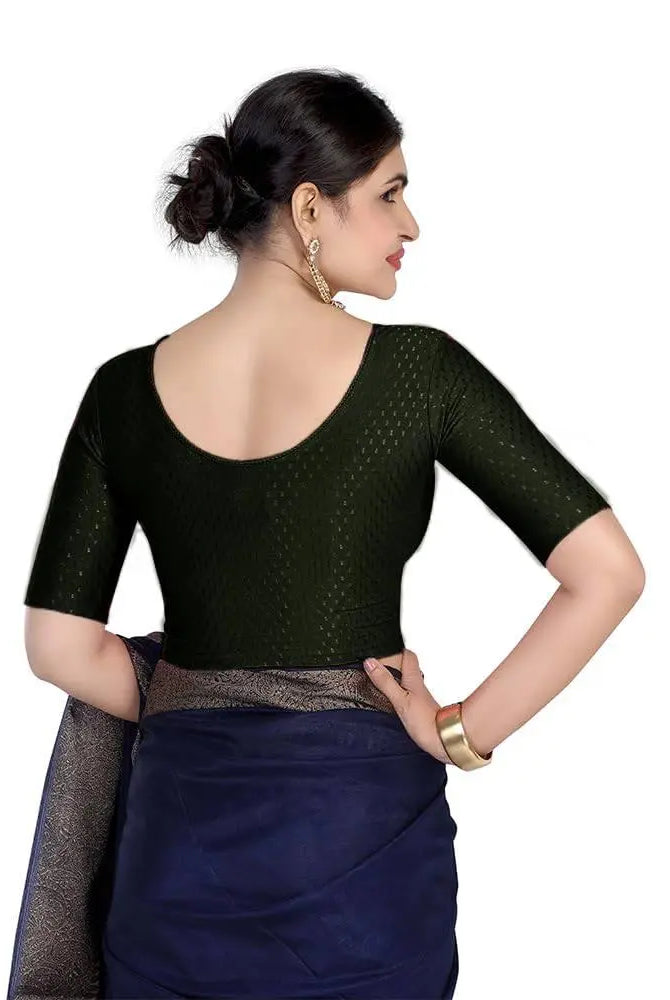 FINESTFIT Round Neck 100% Cotton Dobby Fabric Stretchable Elbow Sleeve Readymade Saree Blouse for Women.4096