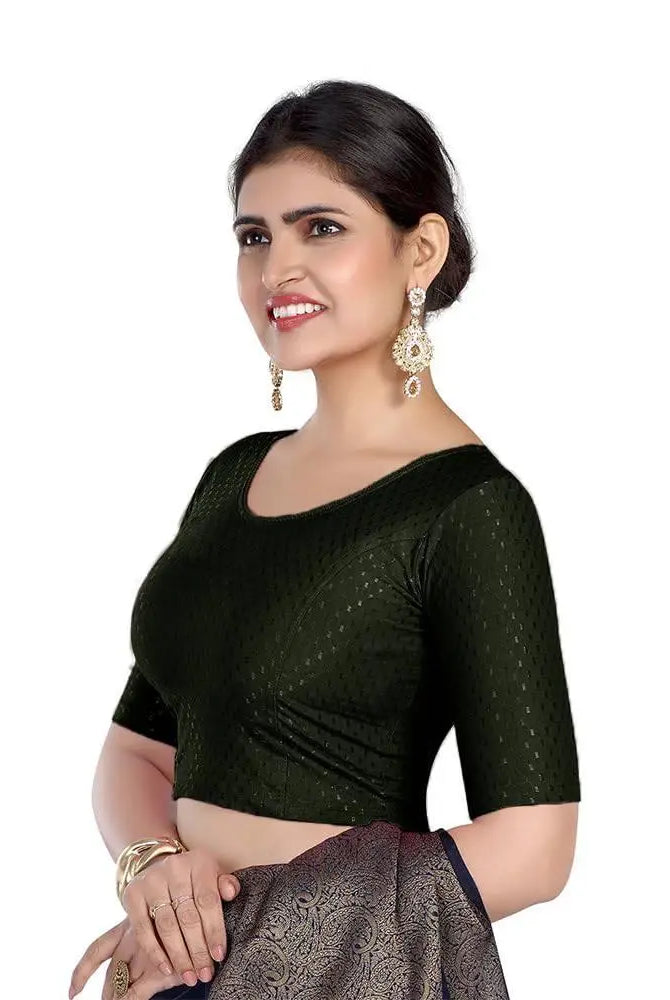 FINESTFIT Round Neck 100% Cotton Dobby Fabric Stretchable Elbow Sleeve Readymade Saree Blouse for Women.4096