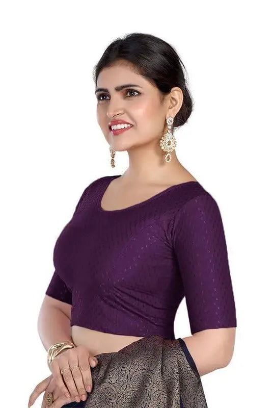 FINESTFIT Round Neck 100% Cotton Dobby Fabric Stretchable Elbow Sleeve Readymade Saree Blouse for Women.4096
