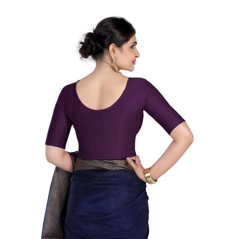 FINESTFIT Round Neck 100% Cotton Dobby Fabric Stretchable Elbow Sleeve Readymade Saree Blouse for Women.4096