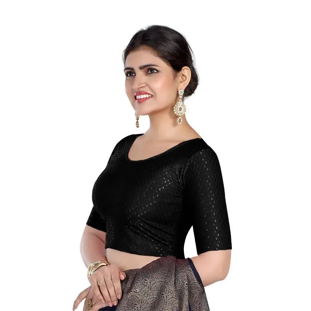 FINESTFIT Round Neck 100% Cotton Dobby Fabric Stretchable Elbow Sleeve Readymade Saree Blouse for Women.4096