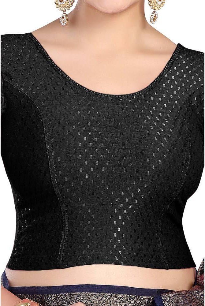 FINESTFIT Round Neck 100% Cotton Dobby Fabric Stretchable Elbow Sleeve Readymade Saree Blouse for Women.4096