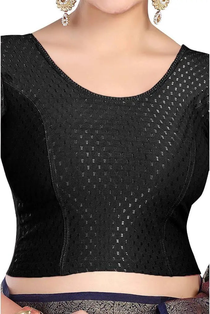 FINESTFIT Round Neck 100% Cotton Dobby Fabric Stretchable Elbow Sleeve Readymade Saree Blouse for Women.4096