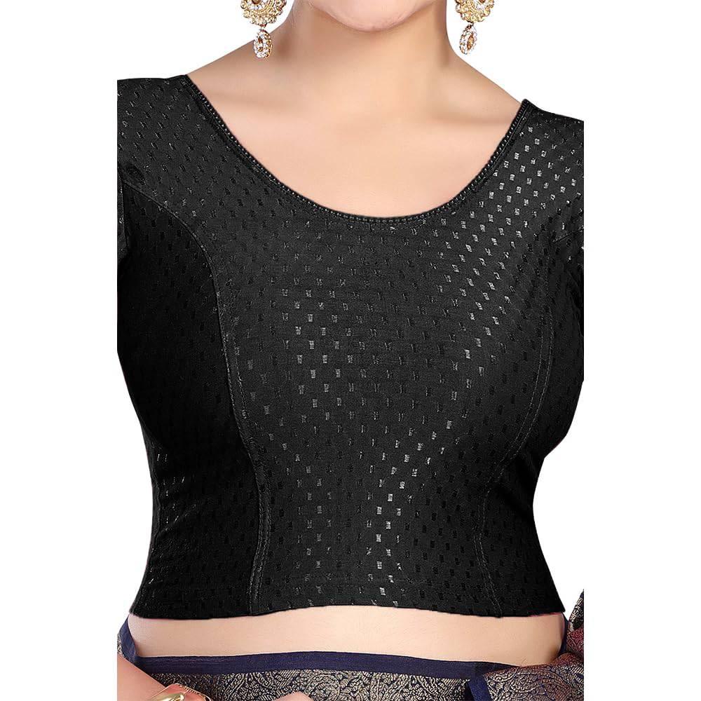 FINESTFIT Round Neck 100% Cotton Dobby Fabric Stretchable Elbow Sleeve Readymade Saree Blouse for Women.4096