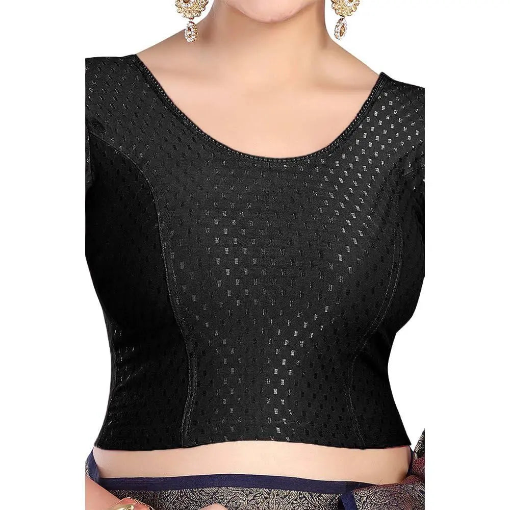 FINESTFIT Round Neck 100% Cotton Dobby Fabric Stretchable Elbow Sleeve Readymade Saree Blouse for Women.4096