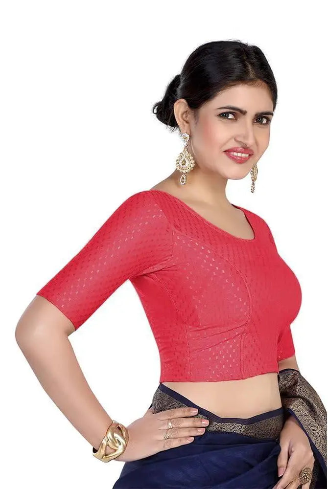FINESTFIT Round Neck 100% Cotton Dobby Fabric Stretchable Elbow Sleeve Readymade Saree Blouse for Women.4096
