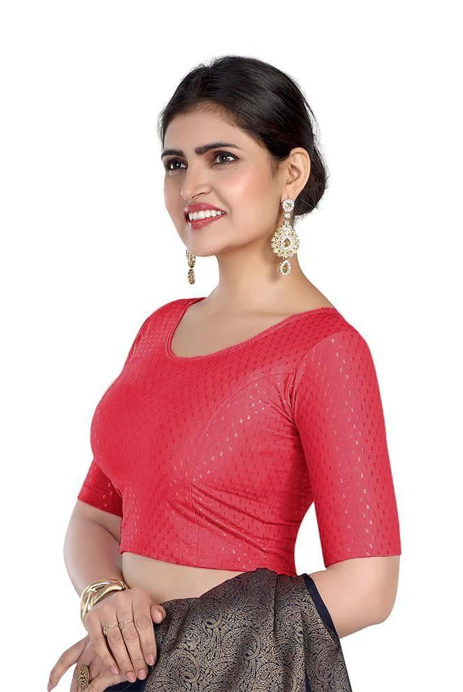 FINESTFIT Round Neck 100% Cotton Dobby Fabric Stretchable Elbow Sleeve Readymade Saree Blouse for Women.4096