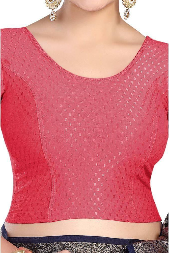 FINESTFIT Round Neck 100% Cotton Dobby Fabric Stretchable Elbow Sleeve Readymade Saree Blouse for Women.4096