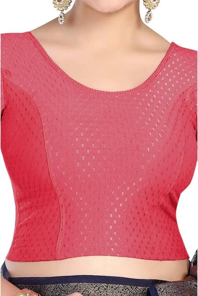 FINESTFIT Round Neck 100% Cotton Dobby Fabric Stretchable Elbow Sleeve Readymade Saree Blouse for Women.4096