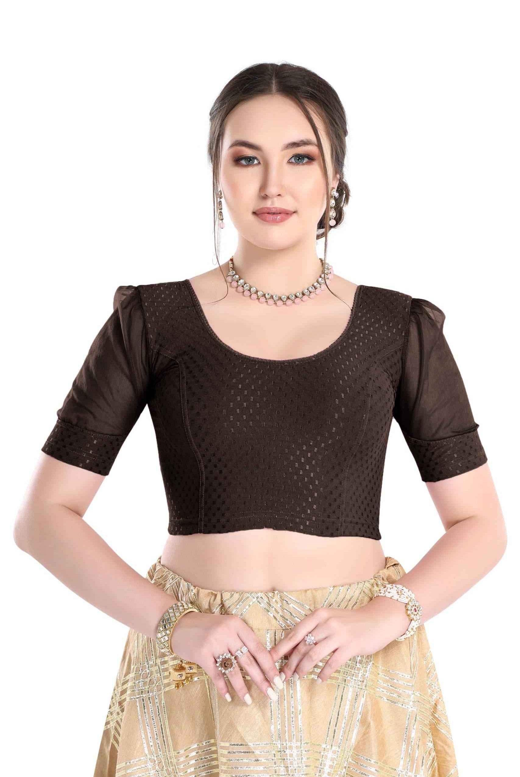 FINESTFIT Readymade Organza Balloon Sleeves Blouse for Women - 100% Cotton Dobby, Round Neckline, Latest Fashion 4520