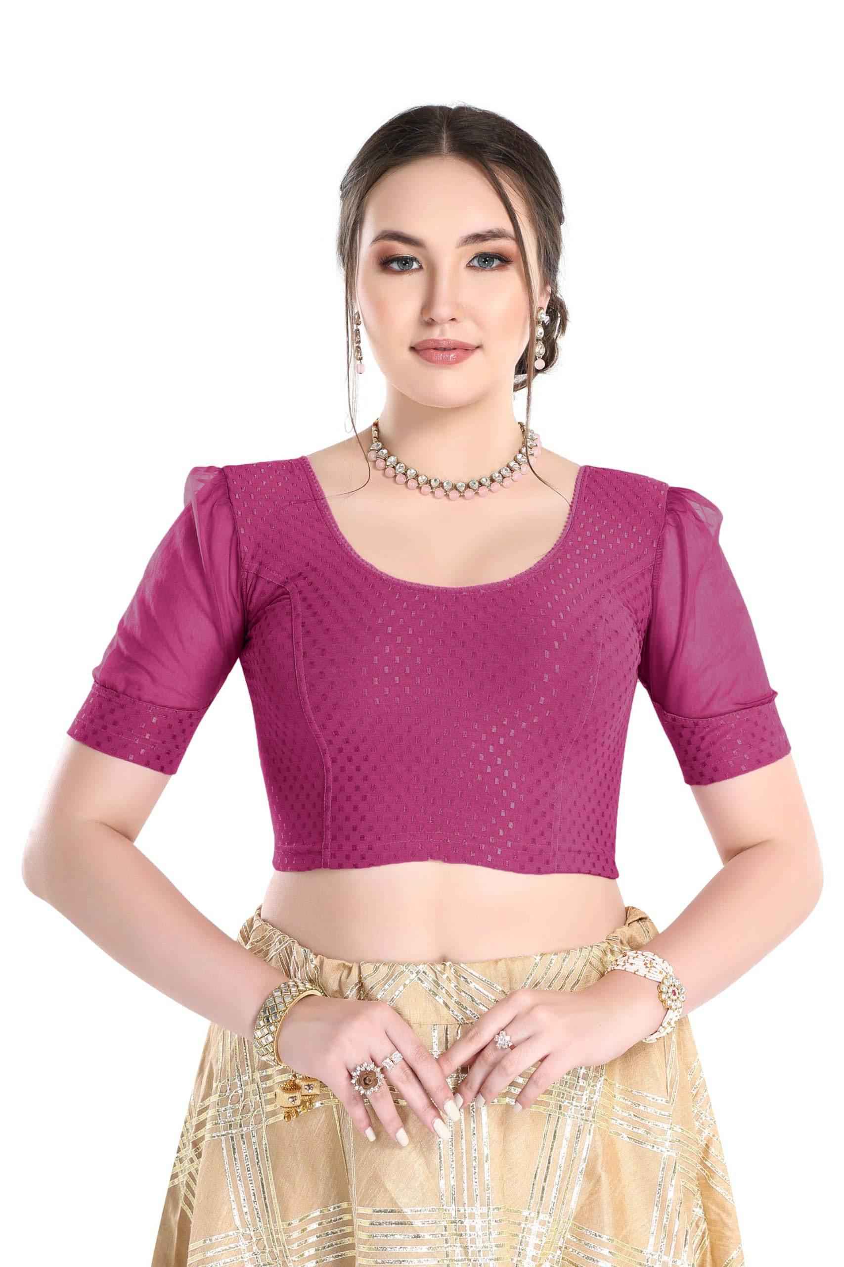 FINESTFIT Readymade Organza Balloon Sleeves Blouse for Women - 100% Cotton Dobby, Round Neckline, Latest Fashion 4520