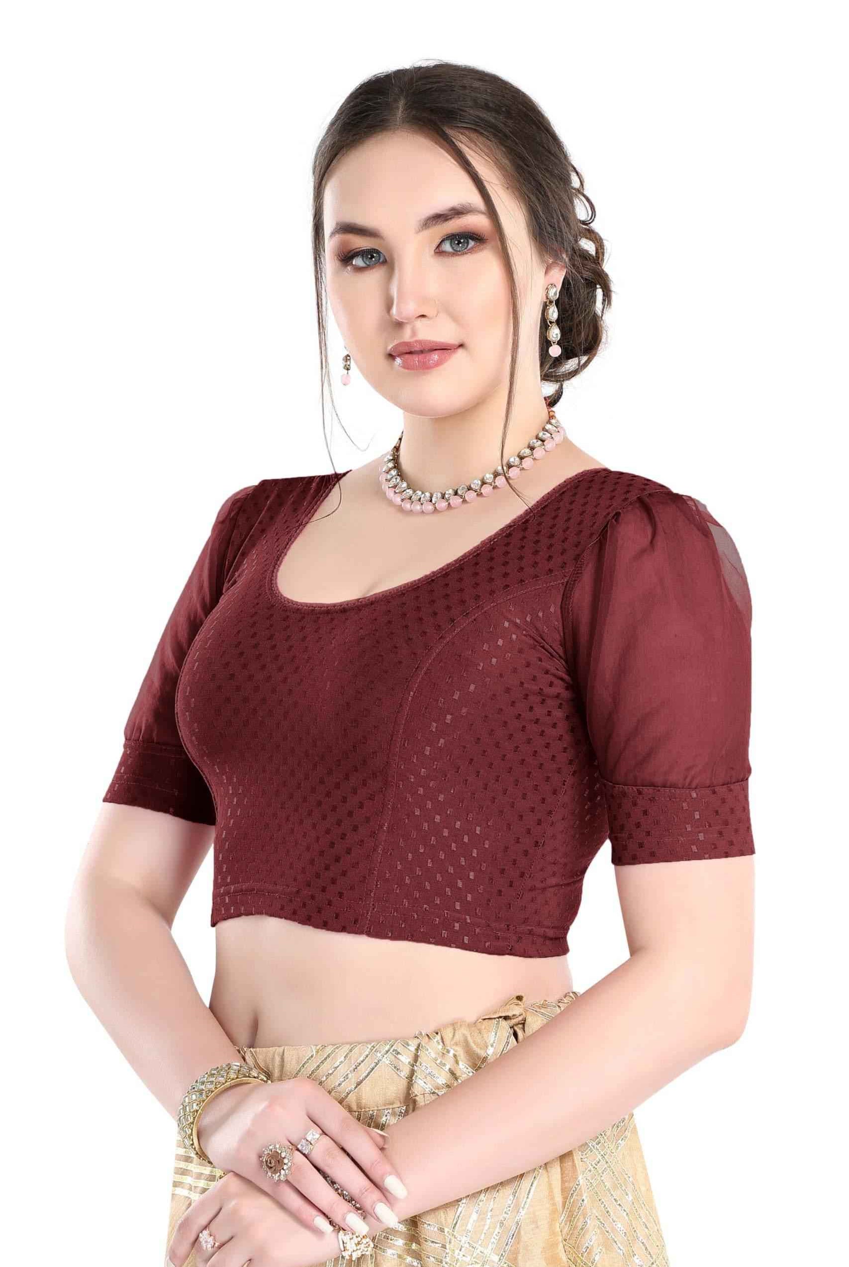 FINESTFIT Readymade Organza Balloon Sleeves Blouse for Women - 100% Cotton Dobby, Round Neckline, Latest Fashion 4520