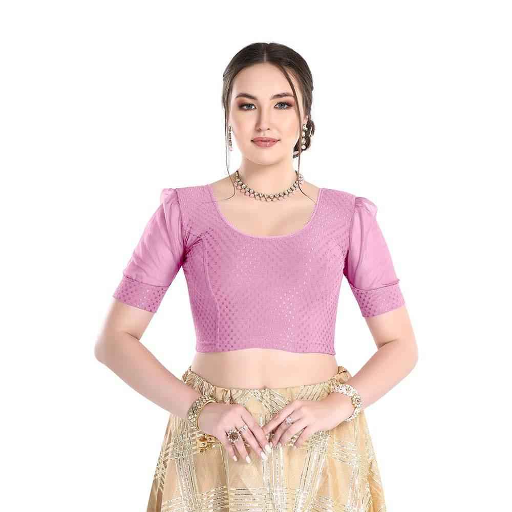 FINESTFIT Readymade Organza Balloon Sleeves Blouse for Women - 100% Cotton Dobby, Round Neckline, Latest Fashion 4520