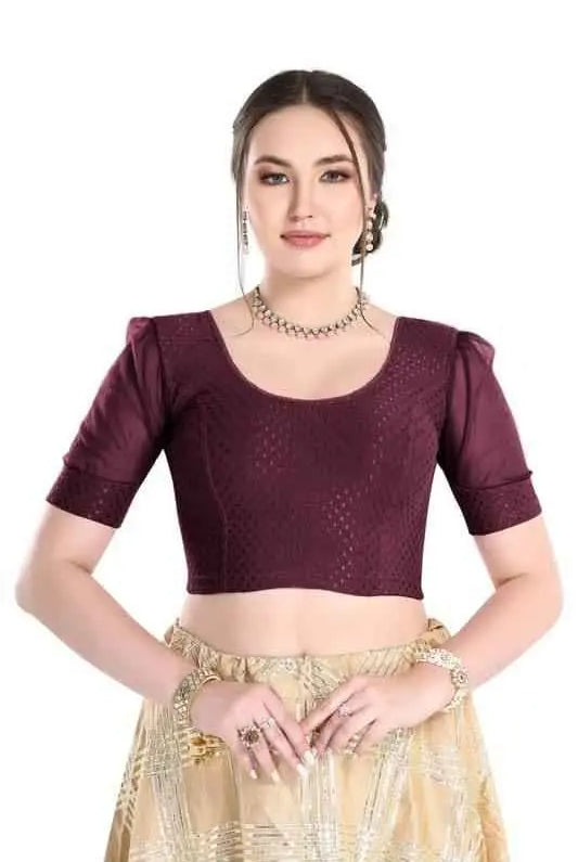 FINESTFIT Readymade Organza Balloon Sleeves Blouse for Women - 100% Cotton Dobby, Round Neckline, Latest Fashion 4520