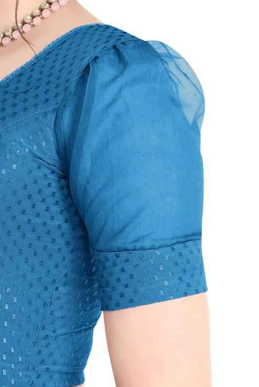 FINESTFIT Readymade Organza Balloon Sleeves Blouse for Women - 100% Cotton Dobby, Round Neckline, Latest Fashion 4520