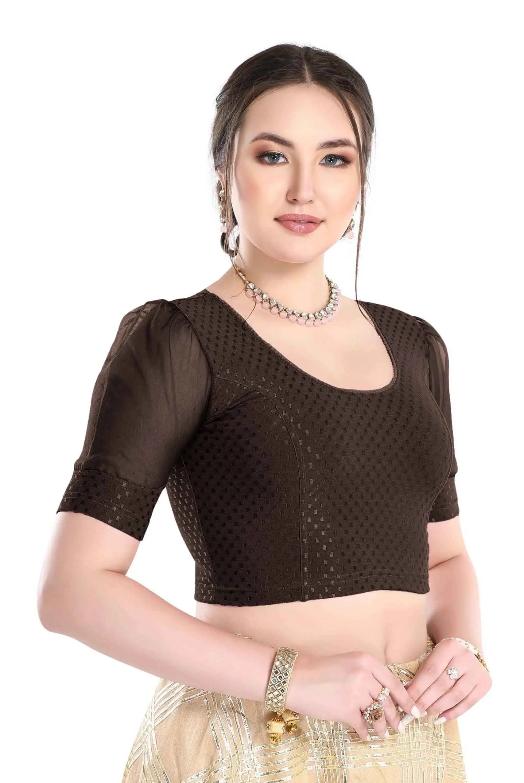 FINESTFIT Readymade Organza Balloon Sleeves Blouse for Women - 100% Cotton Dobby, Round Neckline, Latest Fashion 4520