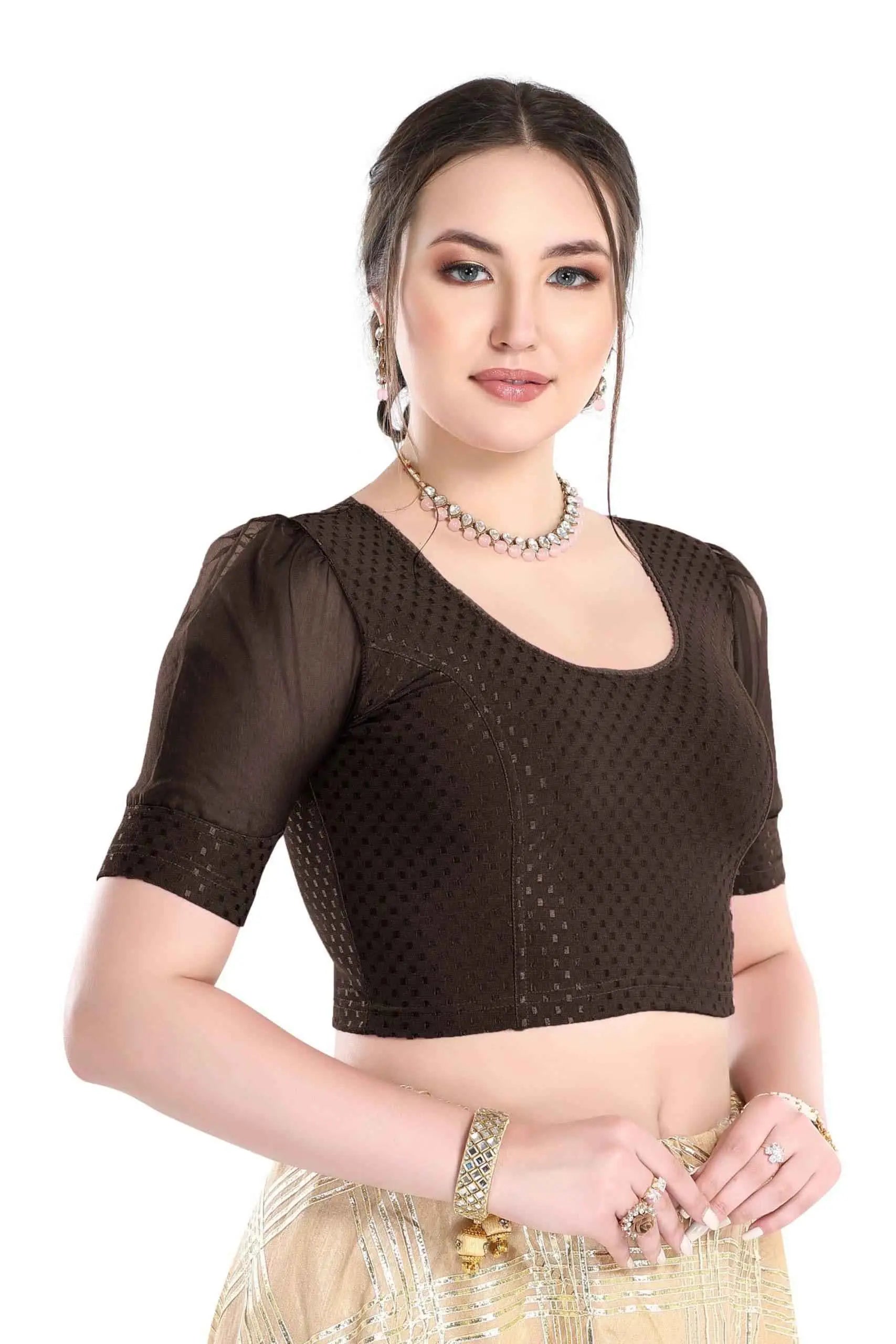 FINESTFIT Readymade Organza Balloon Sleeves Blouse for Women - 100% Cotton Dobby, Round Neckline, Latest Fashion 4520