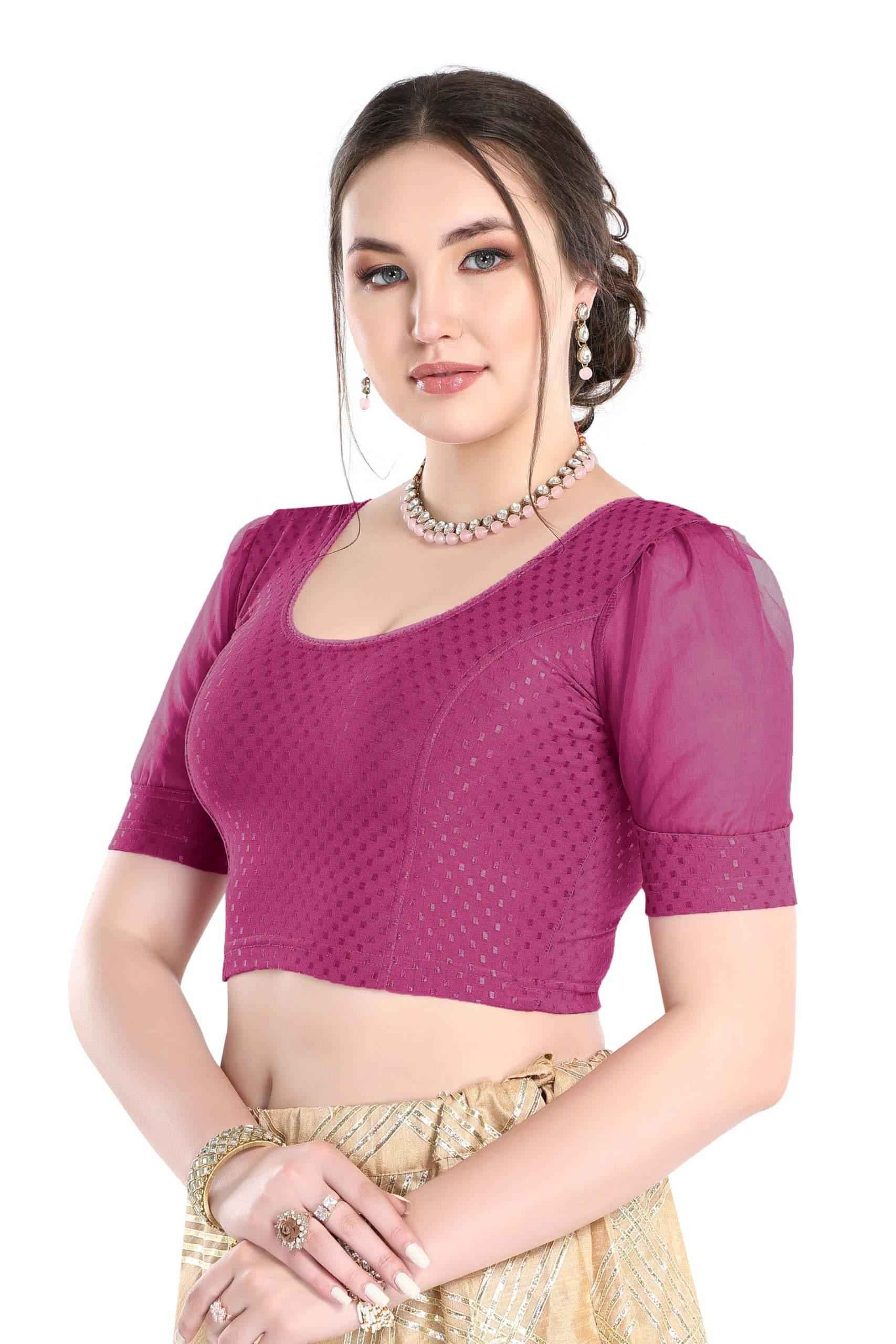 FINESTFIT Readymade Organza Balloon Sleeves Blouse for Women - 100% Cotton Dobby, Round Neckline, Latest Fashion 4520