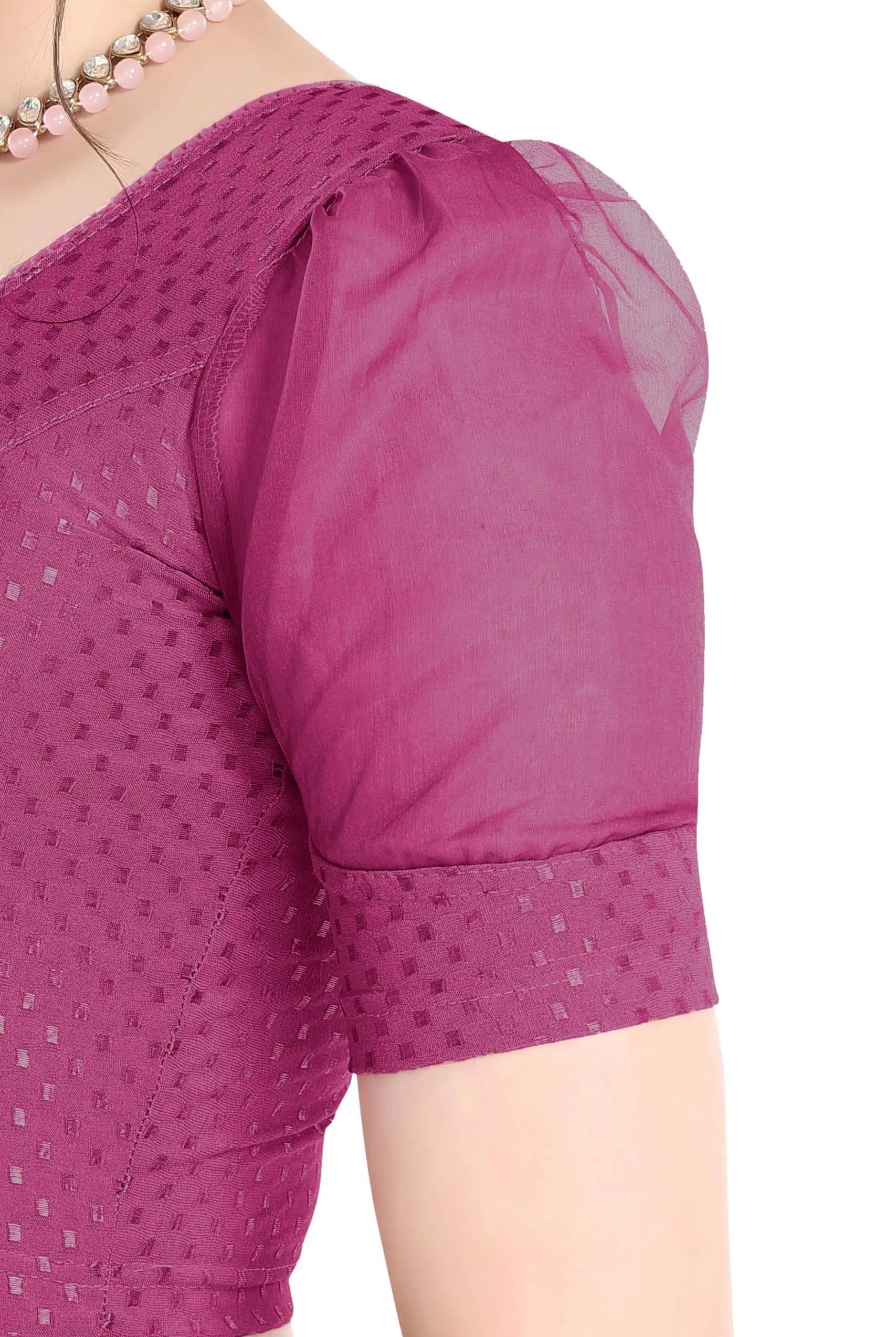 FINESTFIT Stay On Trend Latest Fashion 100% Cotton Dobby Readymade Blouses for Women,Round Neckline with Organza Balloon Sleeves.4520