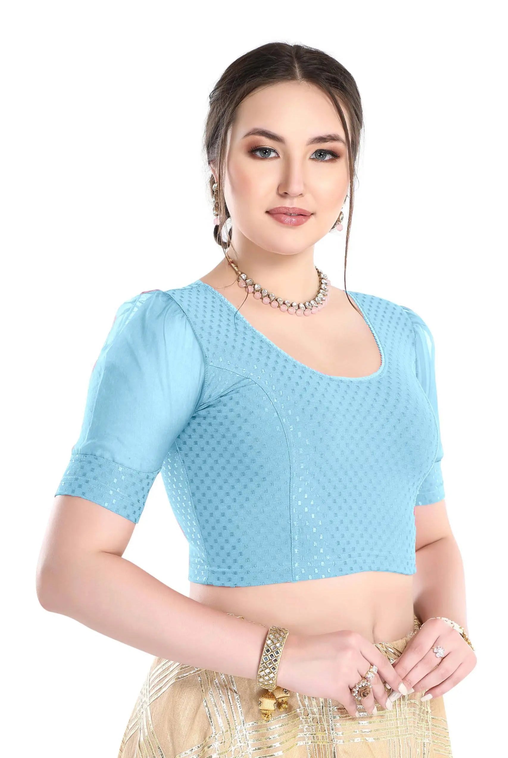 FINESTFIT Stay On Trend Latest Fashion 100% Cotton Dobby Readymade Blouses for Women,Round Neckline with Organza Balloon Sleeves.4520