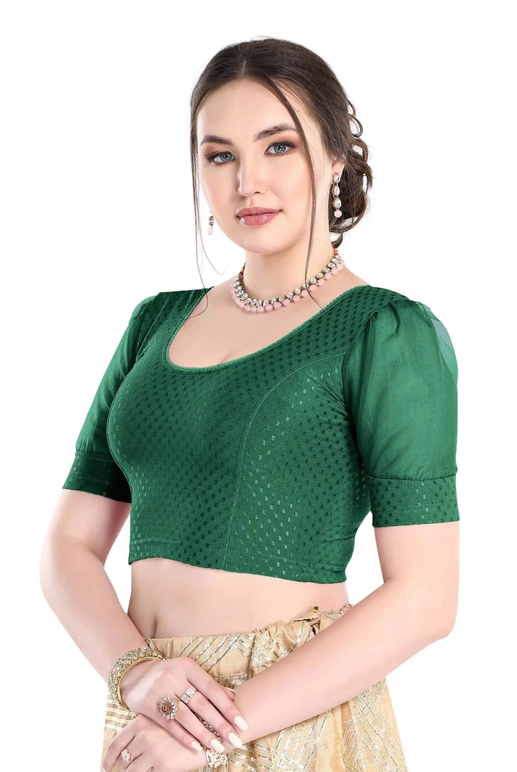 FINESTFIT Stay On Trend Latest Fashion 100% Cotton Dobby Readymade Blouses for Women,Round Neckline with Organza Balloon Sleeves.4520