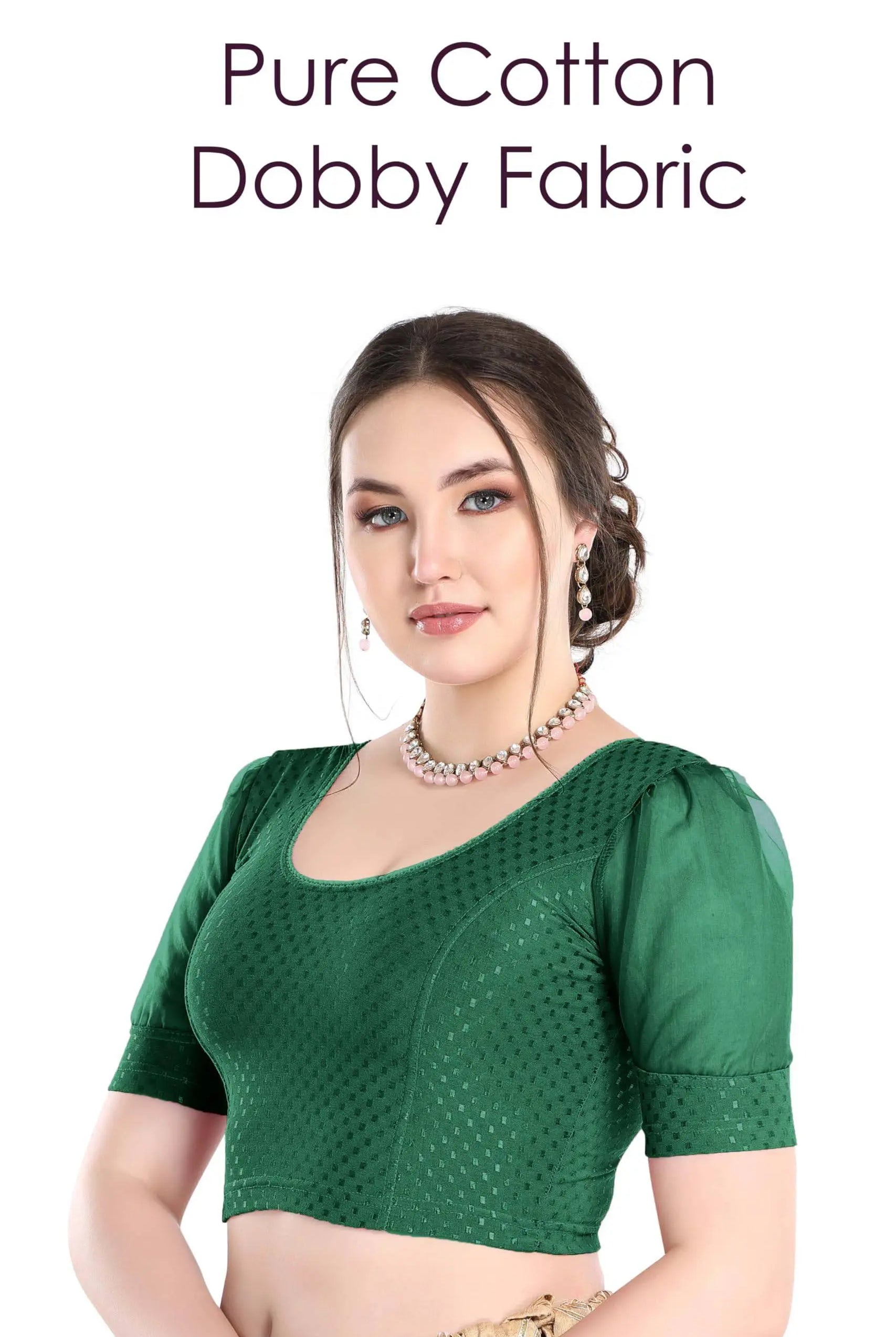 FINESTFIT Stay On Trend Latest Fashion 100% Cotton Dobby Readymade Blouses for Women,Round Neckline with Organza Balloon Sleeves.4520