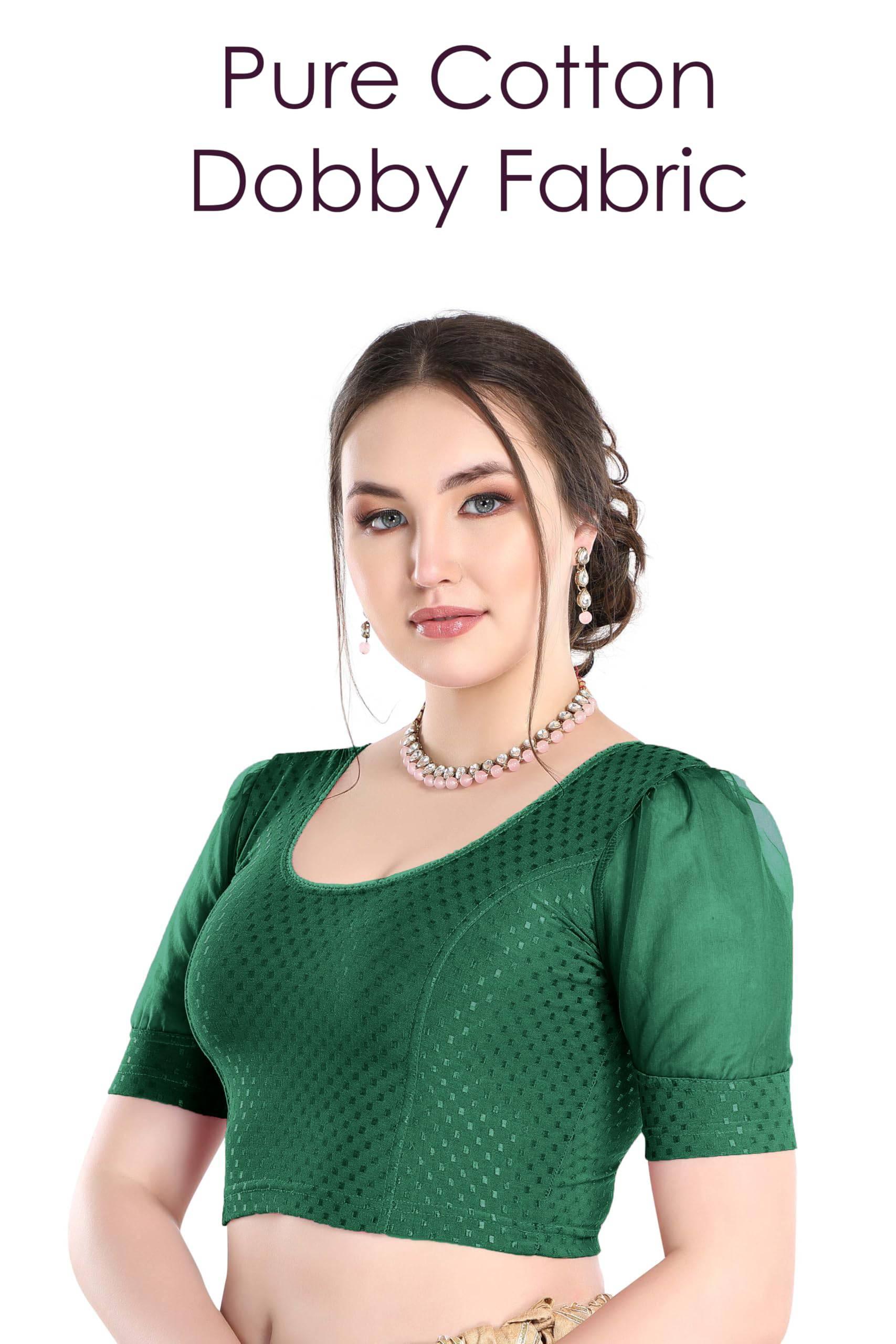 FINESTFIT Stay On Trend Latest Fashion 100% Cotton Dobby Readymade Blouses for Women,Round Neckline with Organza Balloon Sleeves.4520