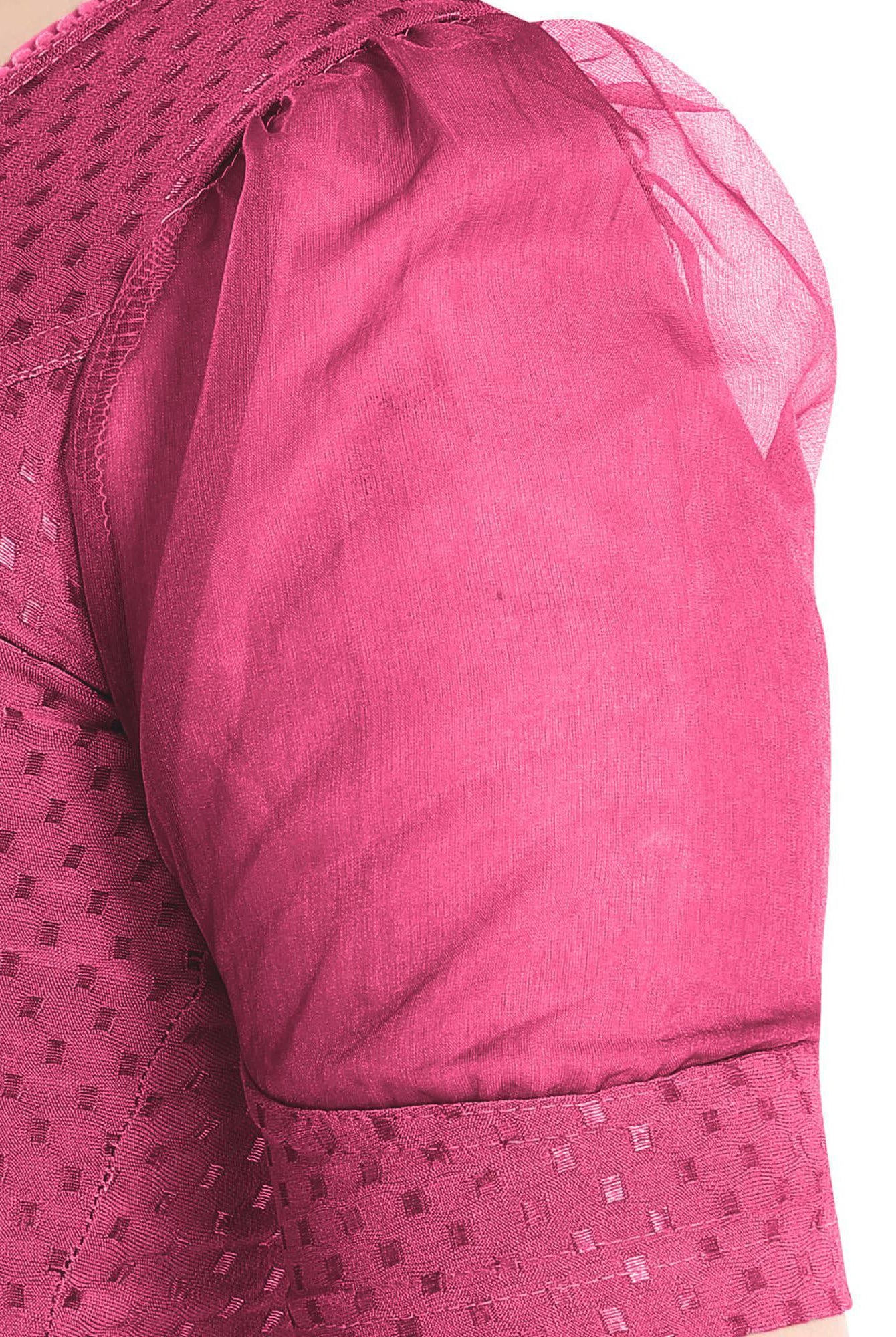 FINESTFIT Stay On Trend Latest Fashion 100% Cotton Dobby Readymade Blouses for Women,Round Neckline with Organza Balloon Sleeves.4520