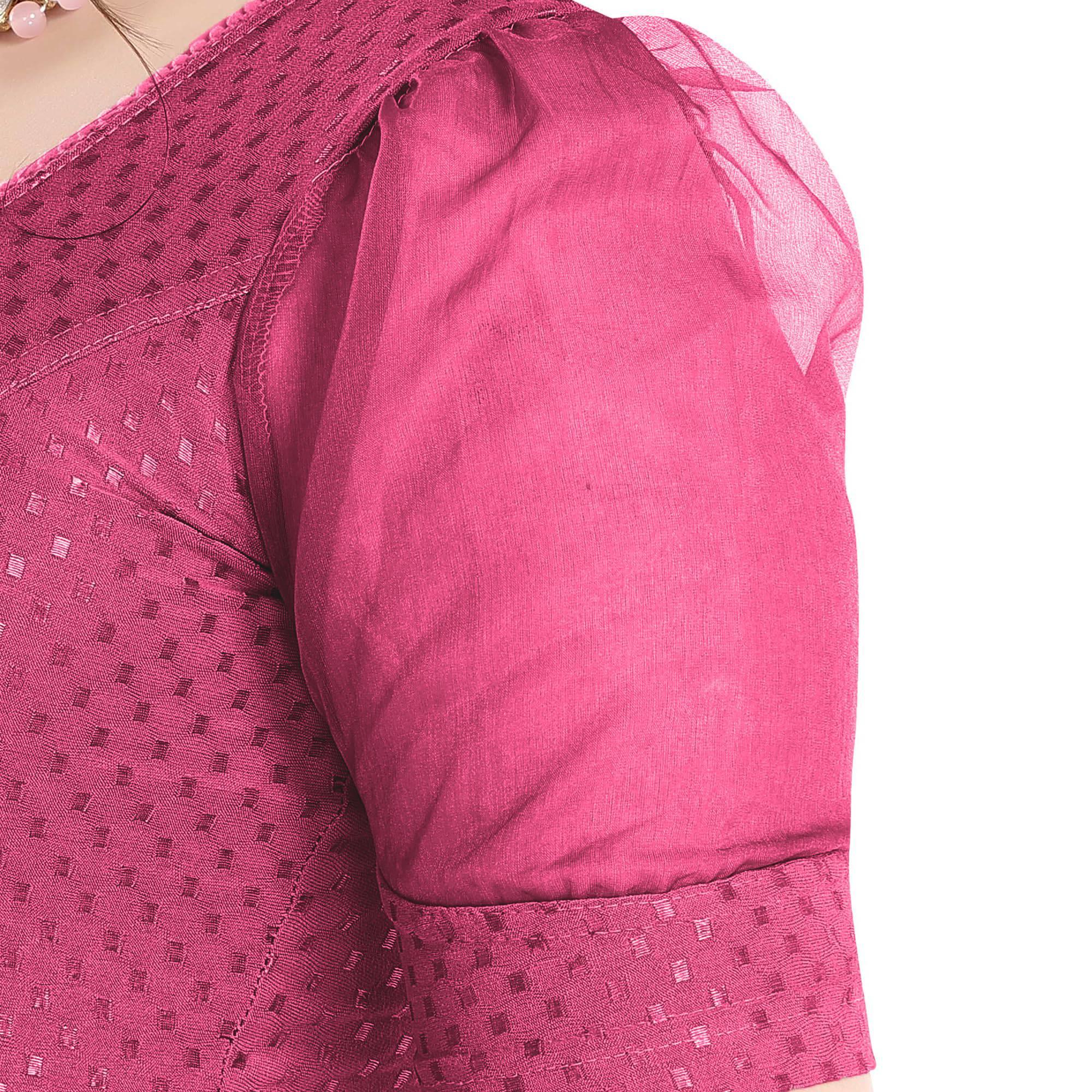 FINESTFIT Stay On Trend Latest Fashion 100% Cotton Dobby Readymade Blouses for Women,Round Neckline with Organza Balloon Sleeves.4520