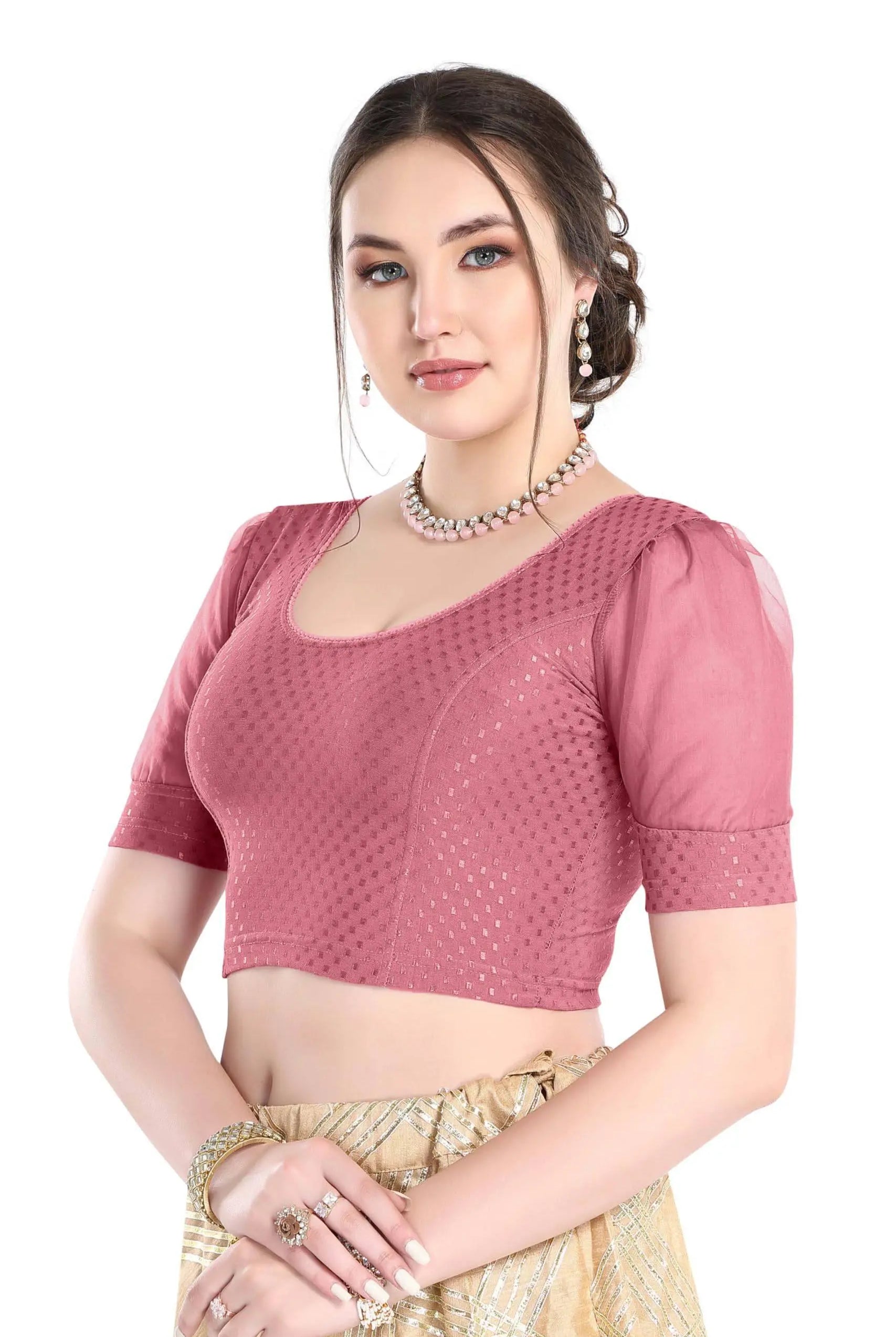 FINESTFIT Stay On Trend Latest Fashion 100% Cotton Dobby Readymade Blouses for Women,Round Neckline with Organza Balloon Sleeves.4520