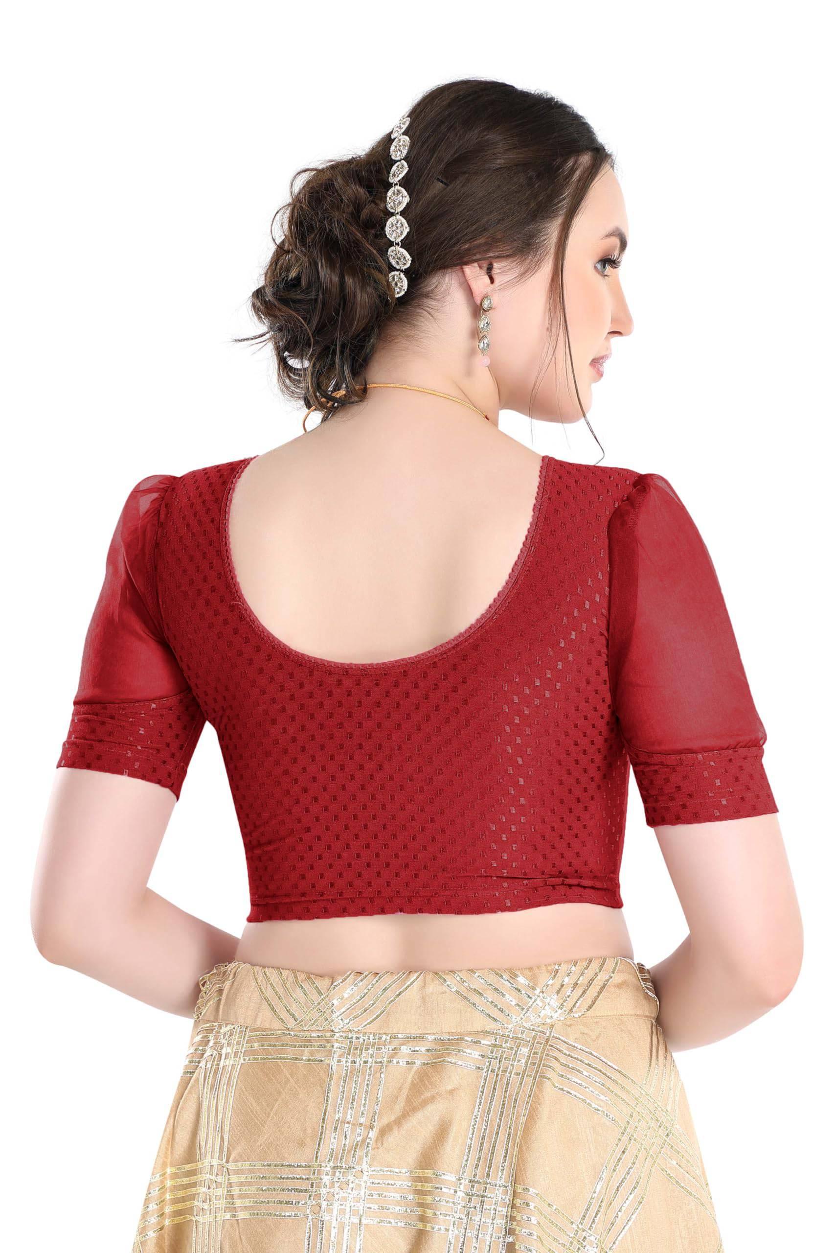 FINESTFIT Stay On Trend Latest Fashion 100% Cotton Dobby Readymade Blouses for Women,Round Neckline with Organza Balloon Sleeves.4520