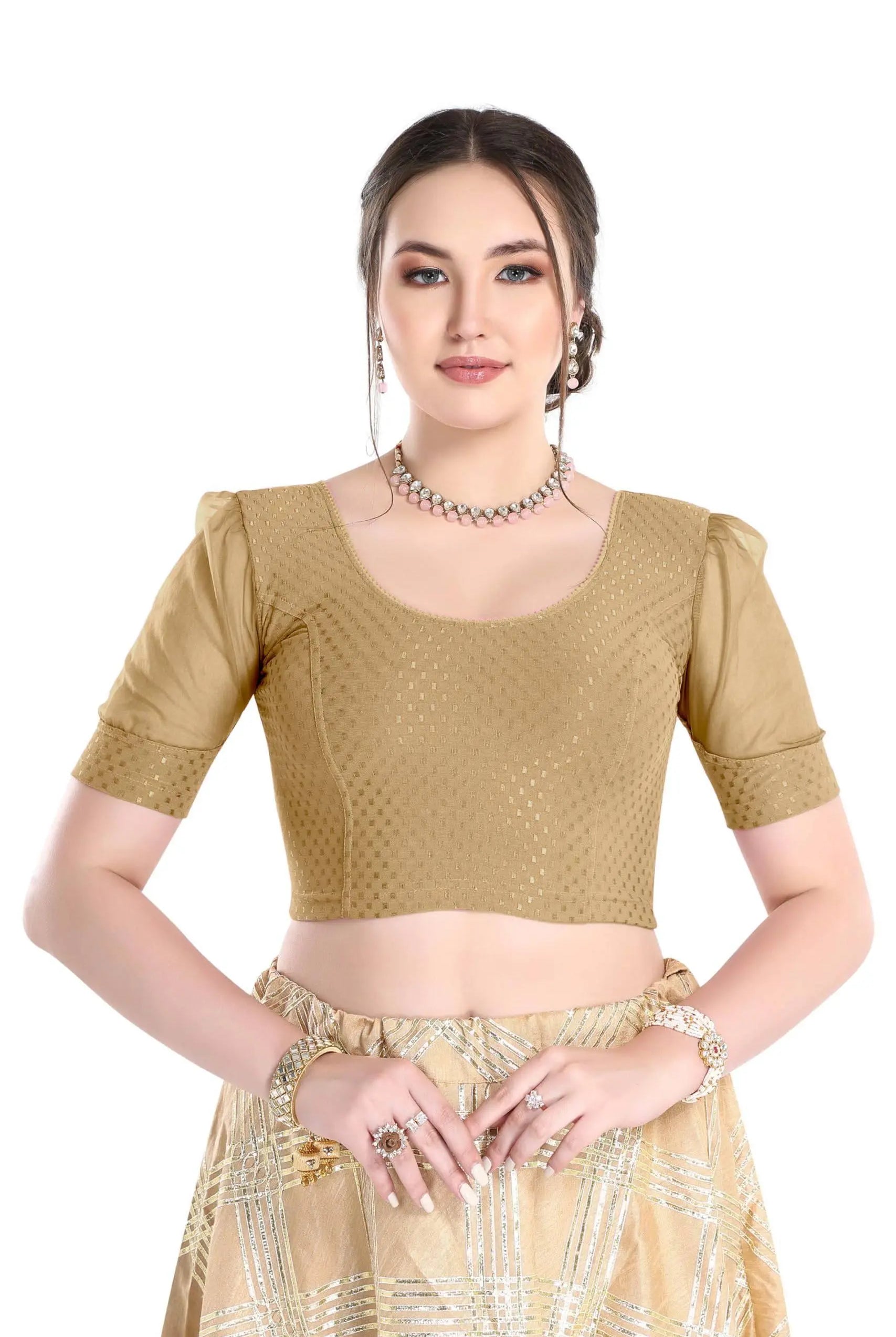 FINESTFIT Stay On Trend Latest Fashion 100% Cotton Dobby Readymade Blouses for Women,Round Neckline with Organza Balloon Sleeves.4520